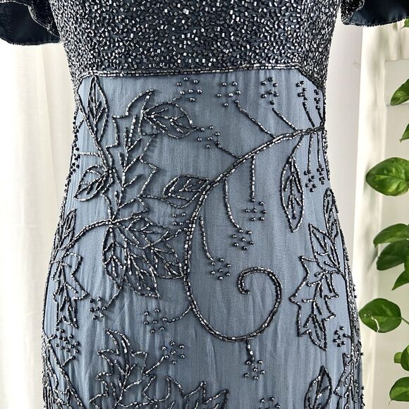 Sean Collection 100% Silk Steel Blue-Gray Beaded Embellished Evening Gown - Med - Picture 4 of 11